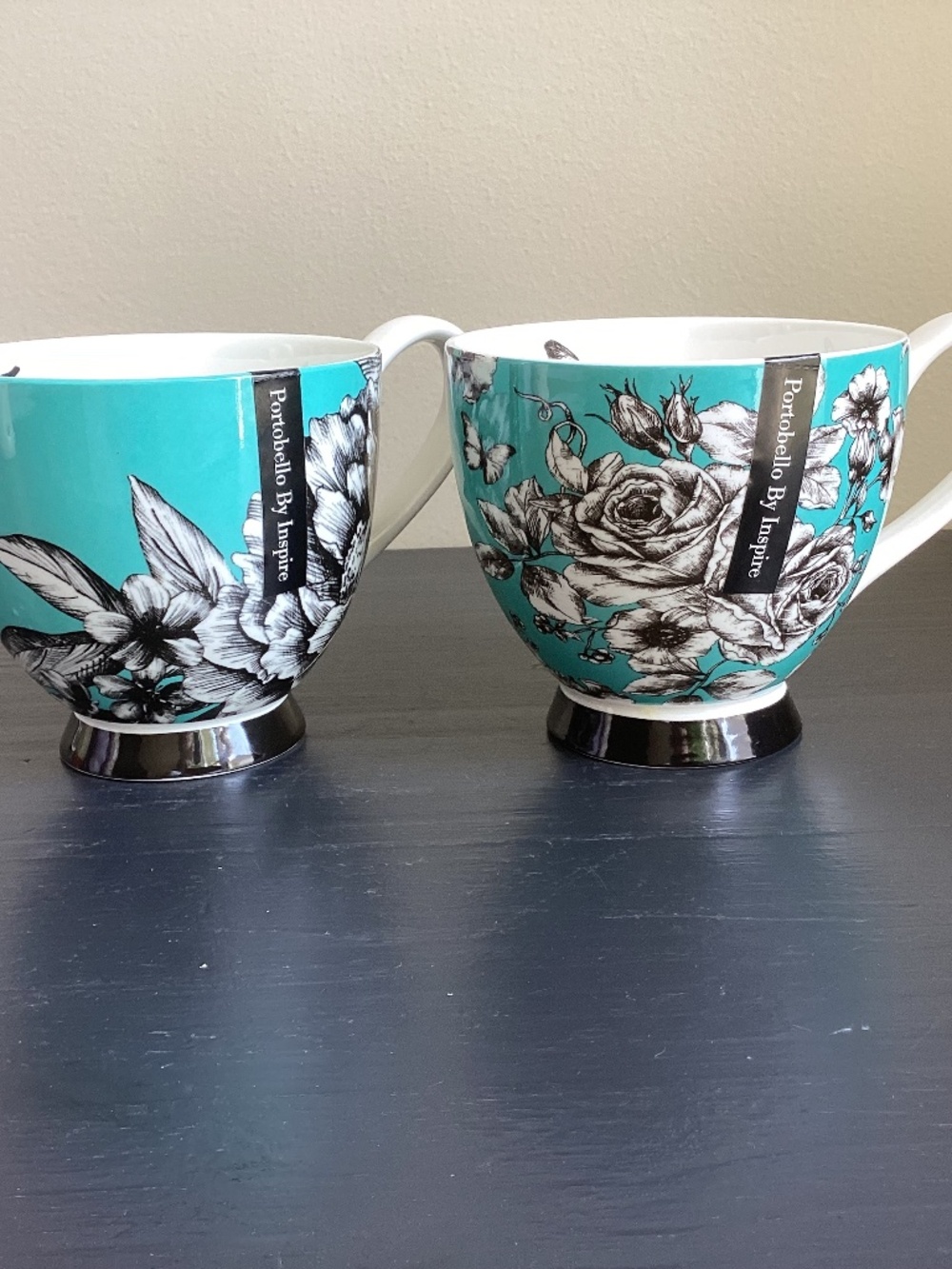 NWT Portobello by Inspired Set of 2 Bone China Tea,Coffee Mugs Floral Butterfly